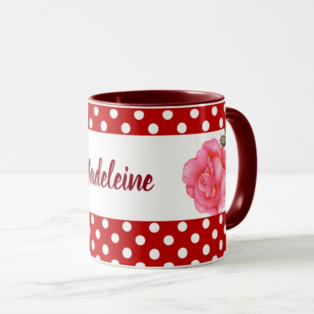 Caneca Bolinhas de Arte Floral de Rosas Rosa Personalizad (Frente Esquerda)