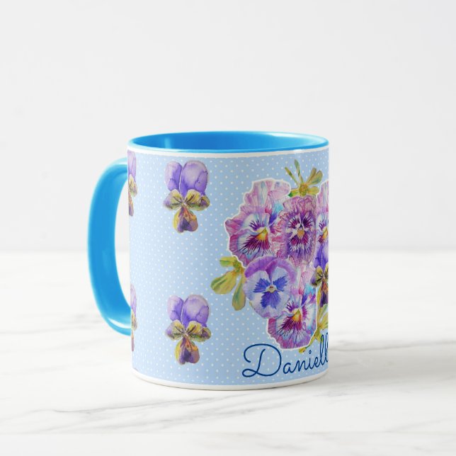 Caneca Bolinhas Floral Chique Azul Pansy (Frente Esquerda)