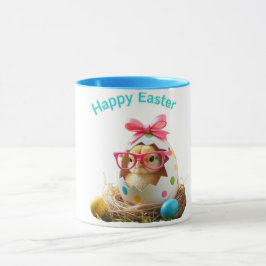 Caneca Bolinhas Pintinho de ovos com Felz pascoa de óculo