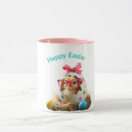 Caneca Bolinhas Pintinho de ovos com Felz pascoa de óculo