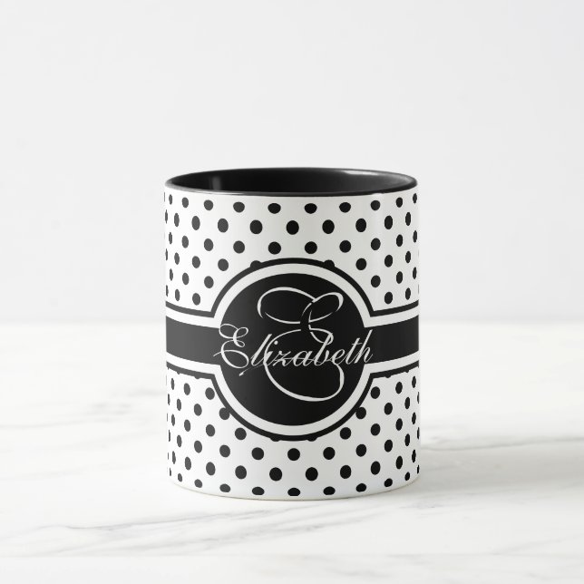 Caneca Bolinhas pretas elegantes no monograma branco (Centro)