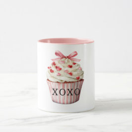 Caneca Bolo de Aniversário Cupcake Corações Vermelhas Laç