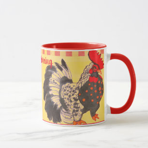 Caneca Bom Dia Arte de Galo Amarelo Vermelho Moder