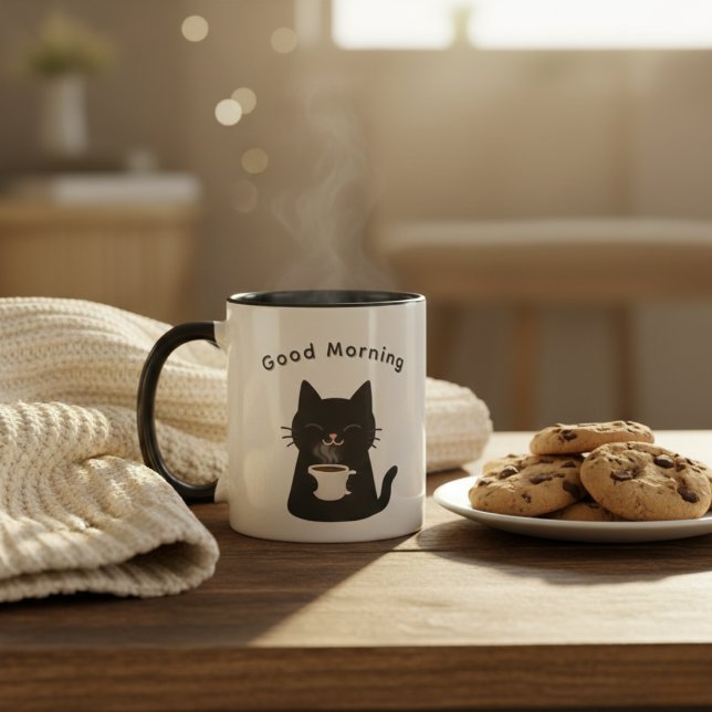 Caneca Bom Dia com Café do Gato Preto Fofo (Criador carregado)