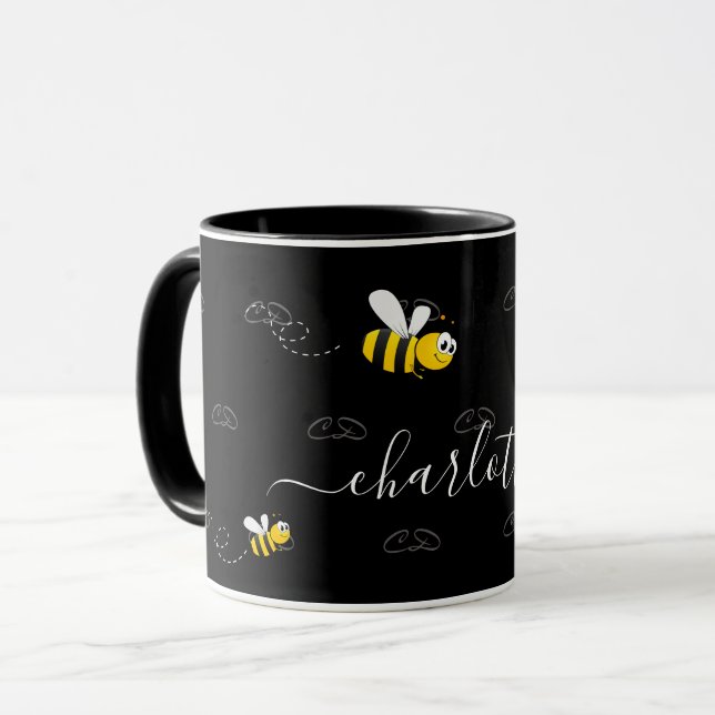Caneca Bombus brancos negros e felizes monograma de humor (Frente Esquerda)