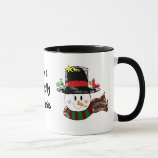Caneca Boneco de Neve Alegre em um Chapéu Preto Alto