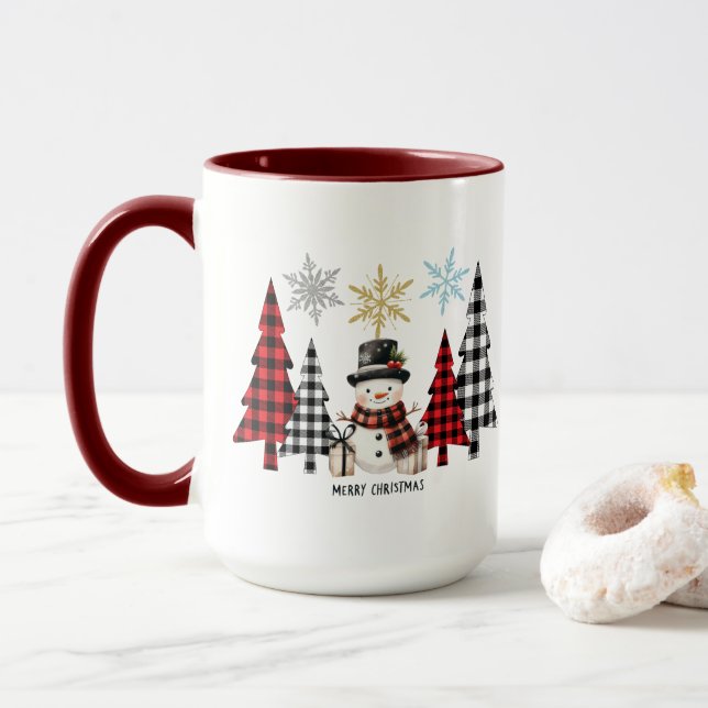 Caneca Boneco de Neve e Árvore de Natal Xadrez - Inverno  (Com Donut)