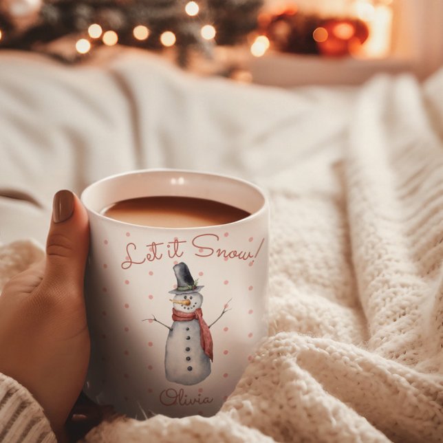 Caneca Boneco de Neve em Aquarela Fofa Deixe Nevar Nome (Criador carregado)