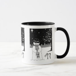 Caneca boneco de neve preto e branco vestido de natal