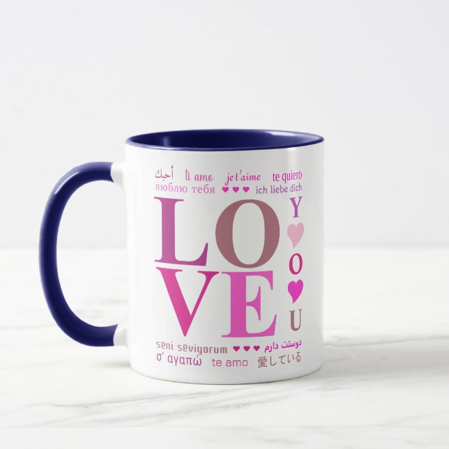 Caneca Bonita "AMA-TE" em línguas românticas, Rosa Menina (Esquerda)