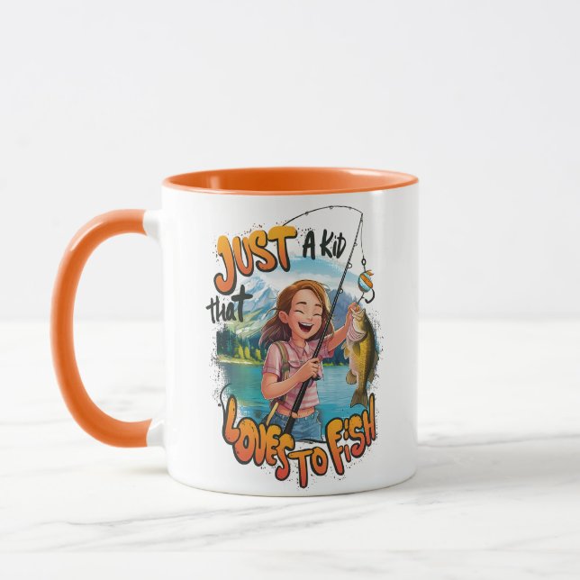 Caneca Bonita Captura: Menina Com Peixe e Pesca (Esquerda)