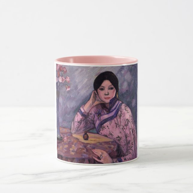 Caneca Bonita dama japonesa com uma garrafa de perfume (Centro)