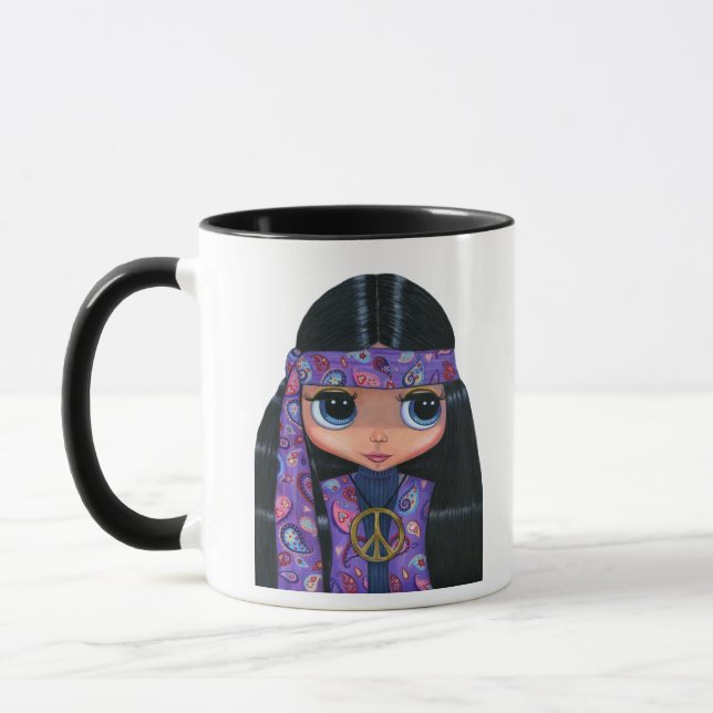 Caneca Bonita Paisley Hippie Doll Sinal de Paz Roxo (Esquerda)