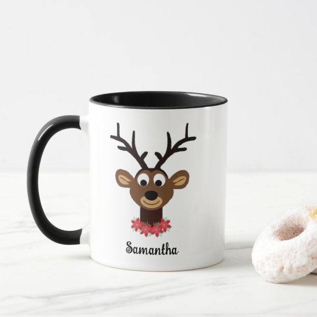 Caneca Bonita Reindeer de Natal Personalizou Seu Nome (Com Donut)