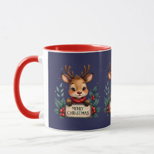 Caneca Bonita Reindeja de Natal com Holly e Sinal