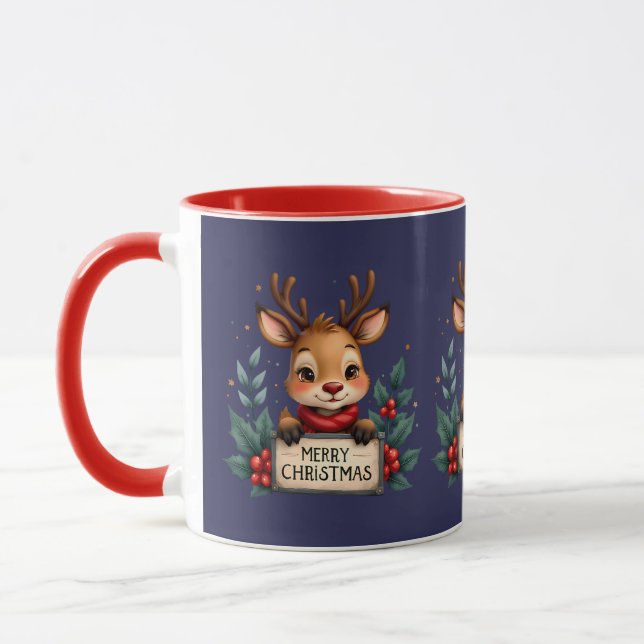 Caneca Bonita Reindeja de Natal com Holly e Sinal (Esquerda)