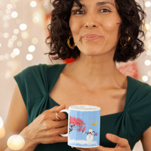 Caneca Bonito boneco de neve com árvore de cana e lua