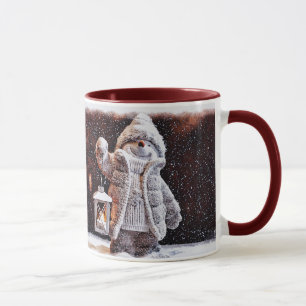 Caneca Bonito boneco de neve com lanterna na neve
