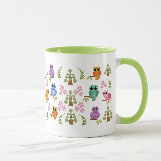 Caneca bonito com corujas, árvores, flores & (Direita)