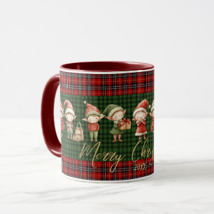 Caneca Bonito Ocupado Elves Feliz Natal Xadrezes Vermelho