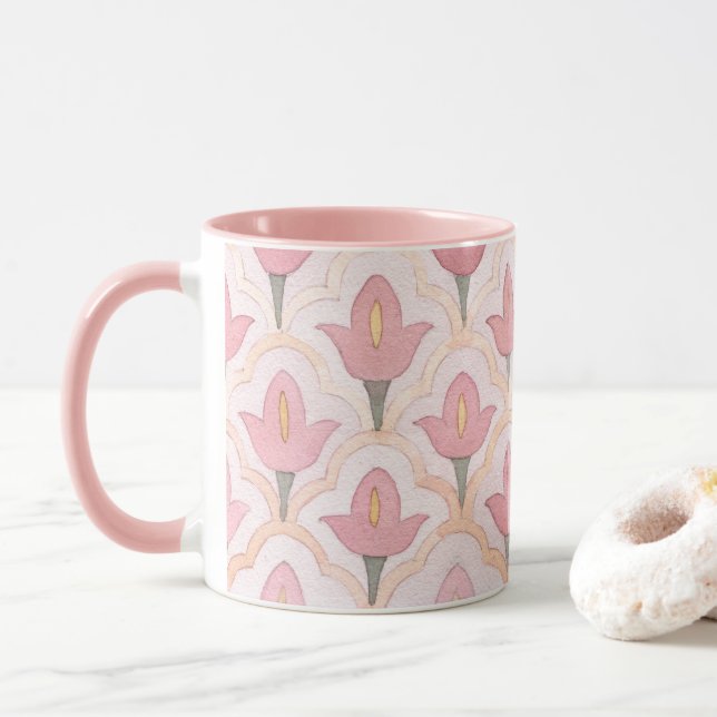 Caneca Bonito padrão de tulipas Coloração d'água clássica (Com Donut)