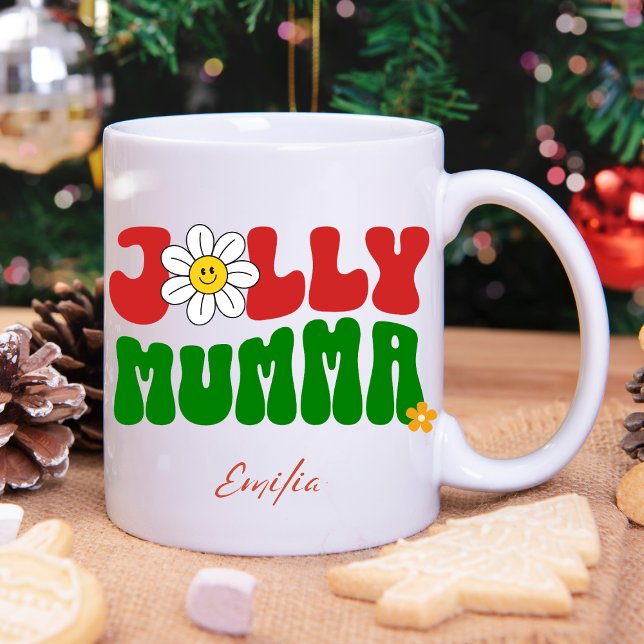 Caneca Bonito Retro Jolly Mumma Christmas Custom Name Eng (Criador carregado)