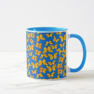 Caneca Bonito Ringer Mug, borboletas Ouros no Sky Blue