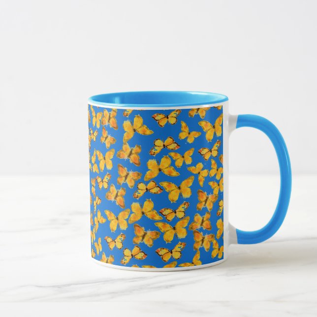 Caneca Bonito Ringer Mug, borboletas Ouros no Sky Blue (Direita)