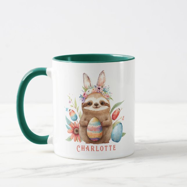Caneca Bonito Sloth Páscoa Coelho Ovos Nome (Esquerda)