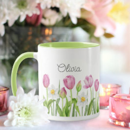 Caneca Bonito Tulipas Rosa e Daffodils Brancos