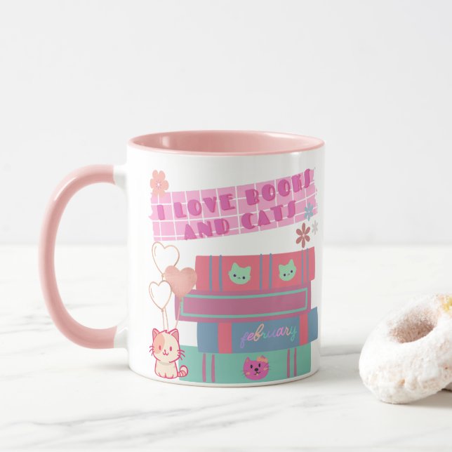 Caneca Book Coquette - I Love Books & Cats - Bookish  (Com Donut)