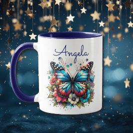 Caneca Borboleta Azul bonito e Flores Personalizadas