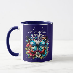 Caneca Borboleta Azul bonito e Flores Personalizadas