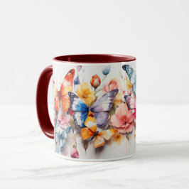 Caneca Borboleta-branca-aquarela e caneca-flores