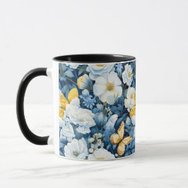 Caneca Borboleta branca azul Flor Borboleta sem costura F