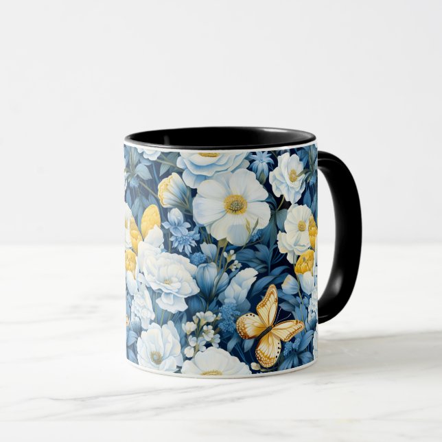 Caneca Borboleta branca azul Flor Borboleta sem costura F (Frente Esquerda)