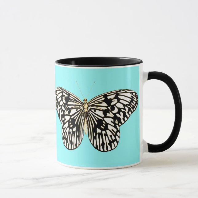 Caneca Borboleta branca e preta, fundo de turquesa (Direita)