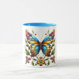 Caneca Borboleta de vidro colorida com flores