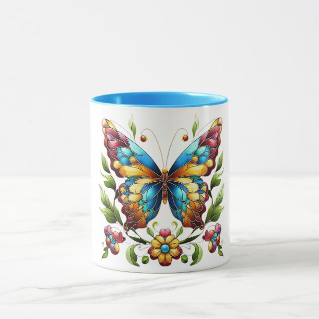 Caneca Borboleta de vidro colorida com flores (Centro)