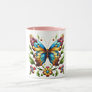 Caneca Borboleta de vidro colorida com flores