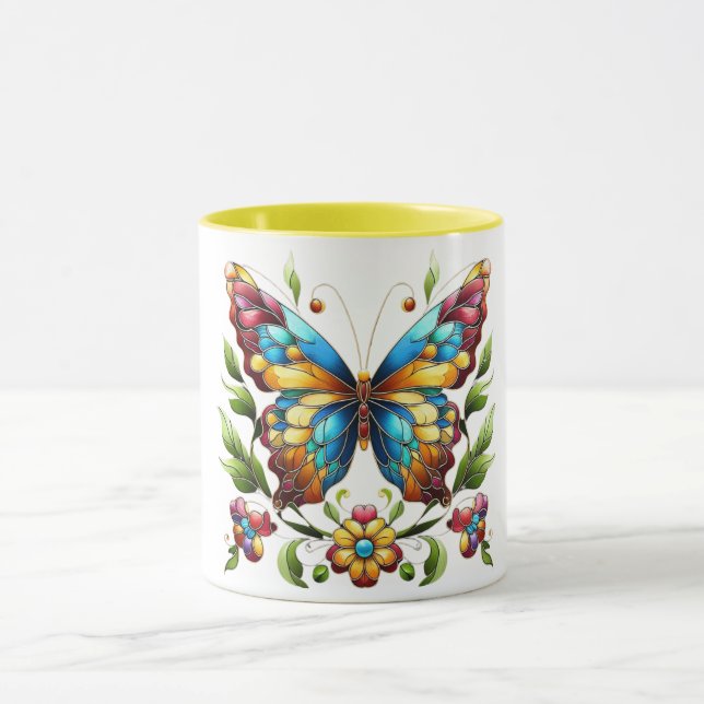 Caneca Borboleta de vidro colorida com flores (Centro)