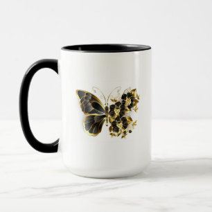 Caneca Borboleta Flor Dourada com Orquídea Preta