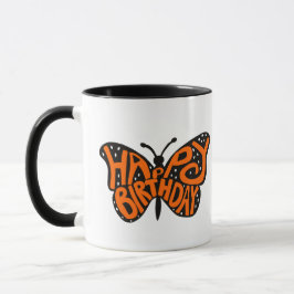 Caneca Borboleta Monarca Negra e Laranja Feliz Aniversári