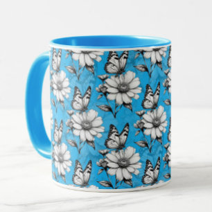 Caneca Borboleta no padrão de flores Design azul