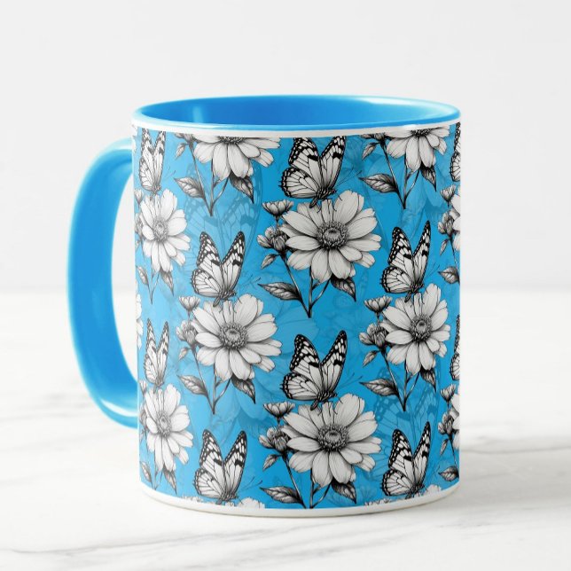 Caneca Borboleta no padrão de flores Design azul (Criador carregado)