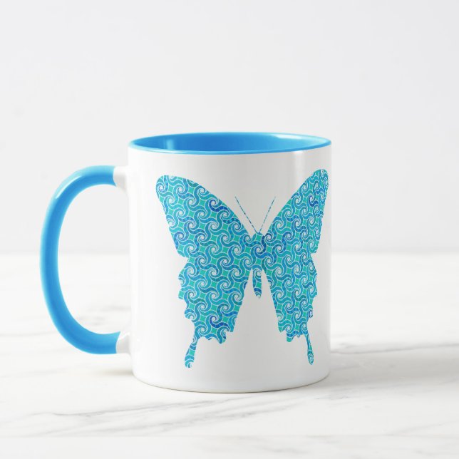 Caneca Borboleta, padrão em azul, turquesa, branco (Esquerda)