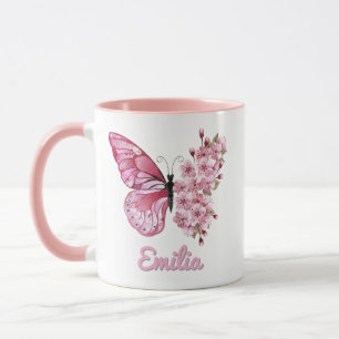 Caneca Borboleta Rosa Personalizada & Flor de Cerejeira