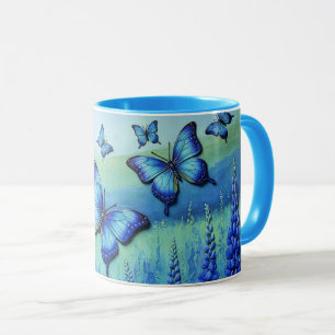 Caneca Borboletas Azuis com Flores Azuis,