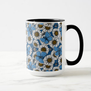 Caneca Borboletas azuis comuns e flores margaridas