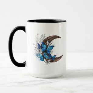 Caneca Borboletas azuis em crescente de madeira